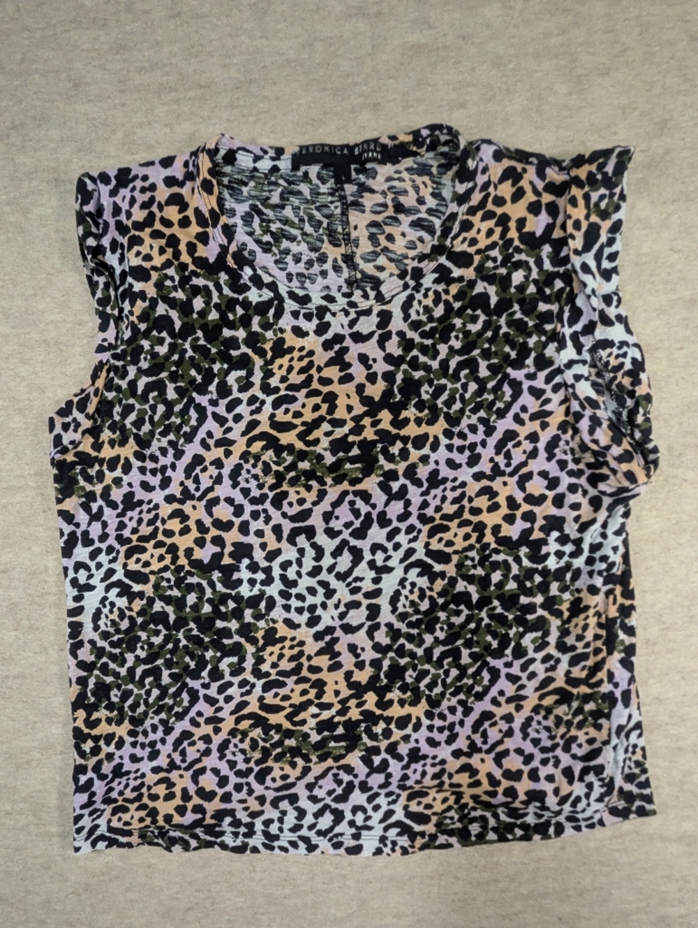 Veronica Beard  Leopard Print Rolled Cap Short Sleeve T Shirt Blouse Top Pima L